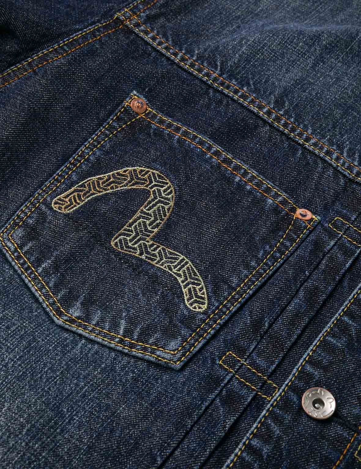 ウォッシュドマルチポケットと獅子舞プリント リラックスフィット デニムジャケット