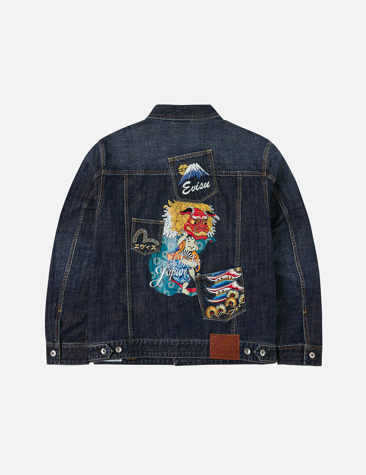 Washed Multi-Pocket with Lion Dance Print Relax Fit Denim