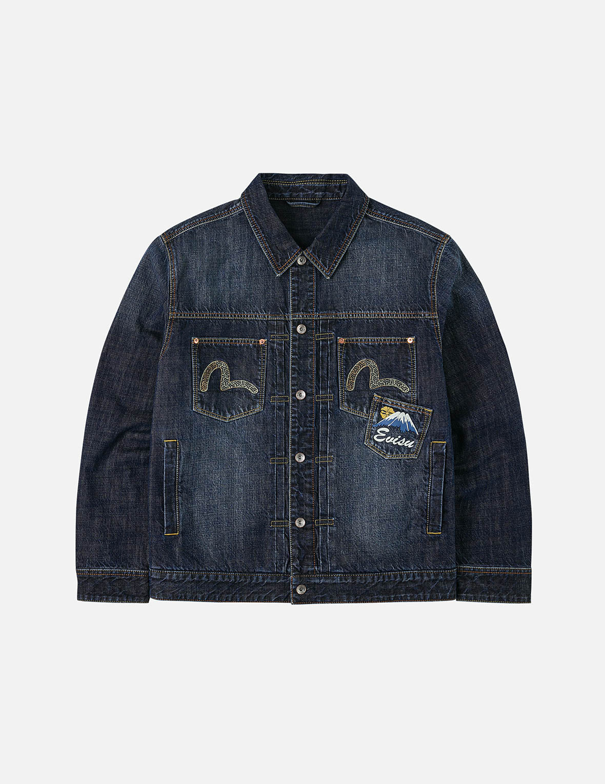ウォッシュドマルチポケットと獅子舞プリント リラックスフィット デニムジャケット