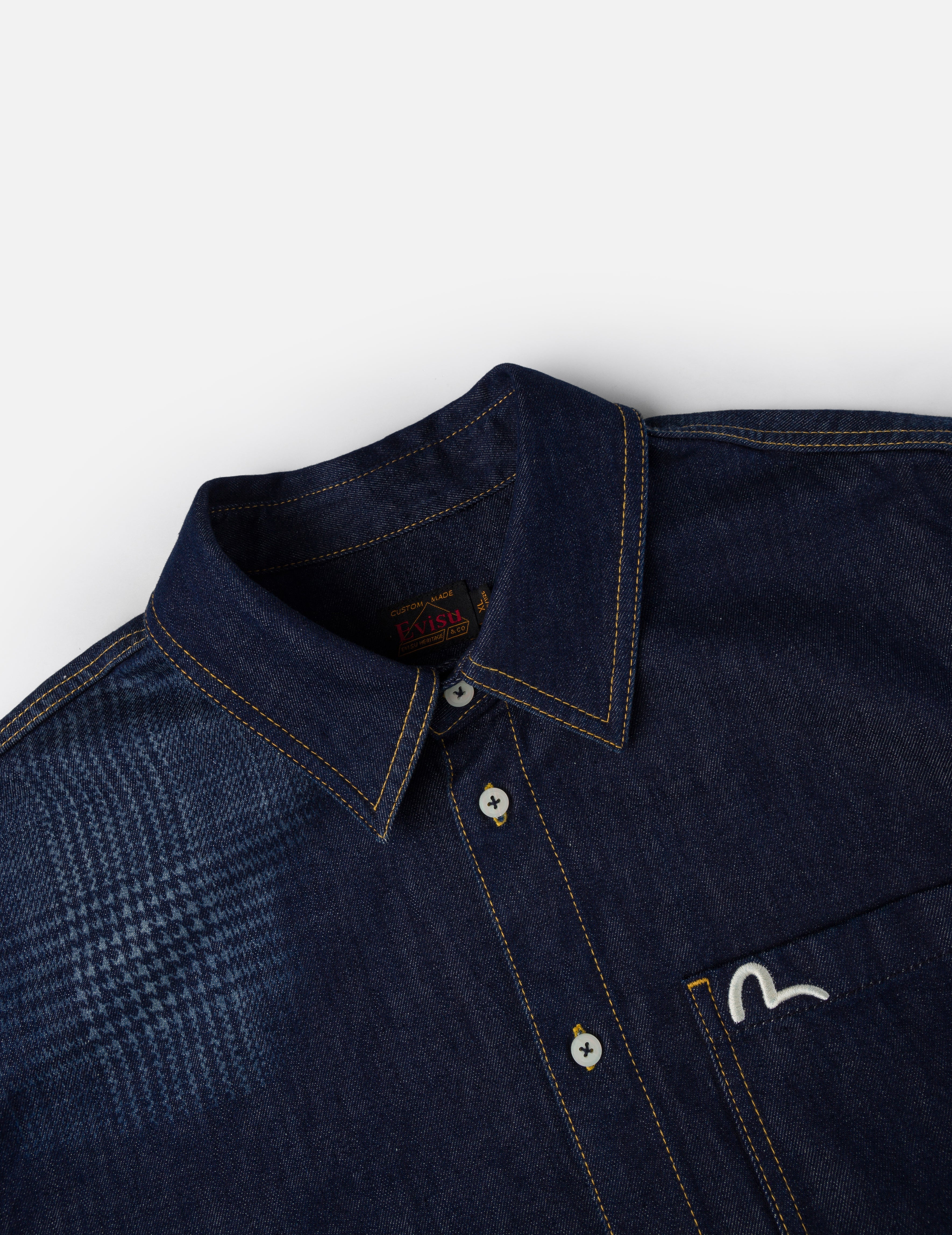 手描き千鳥格子プリント リラックスフィット デニムシャツ – EVISU