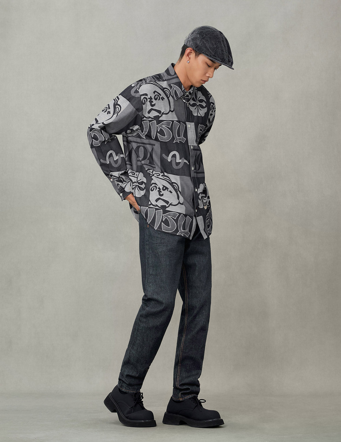 オールオーバーへのへのもへじ仏頭ジャカード リラックスフィット