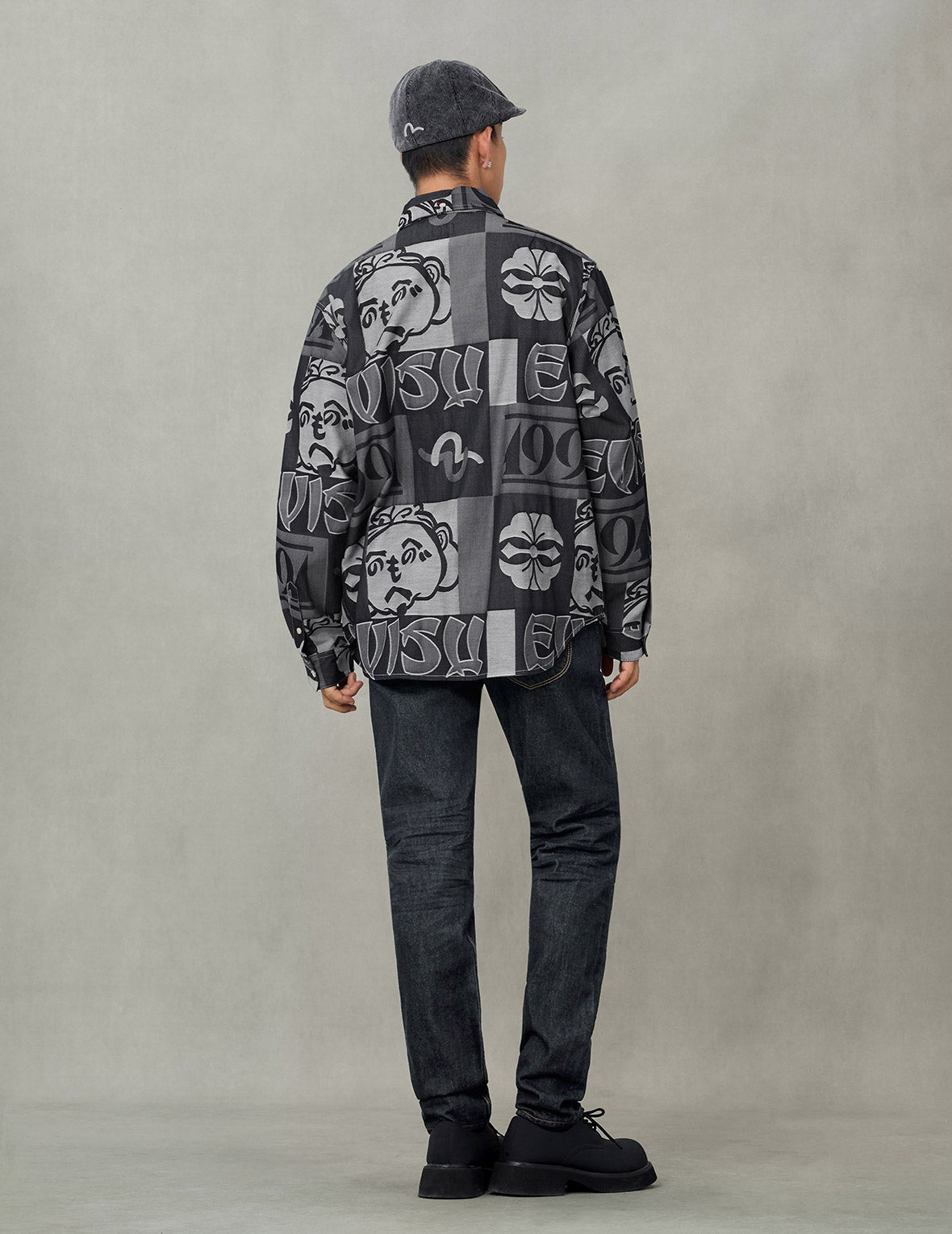 た*う様 evisu ブラック デニム シャツ 手描き大黒プリントリラックス