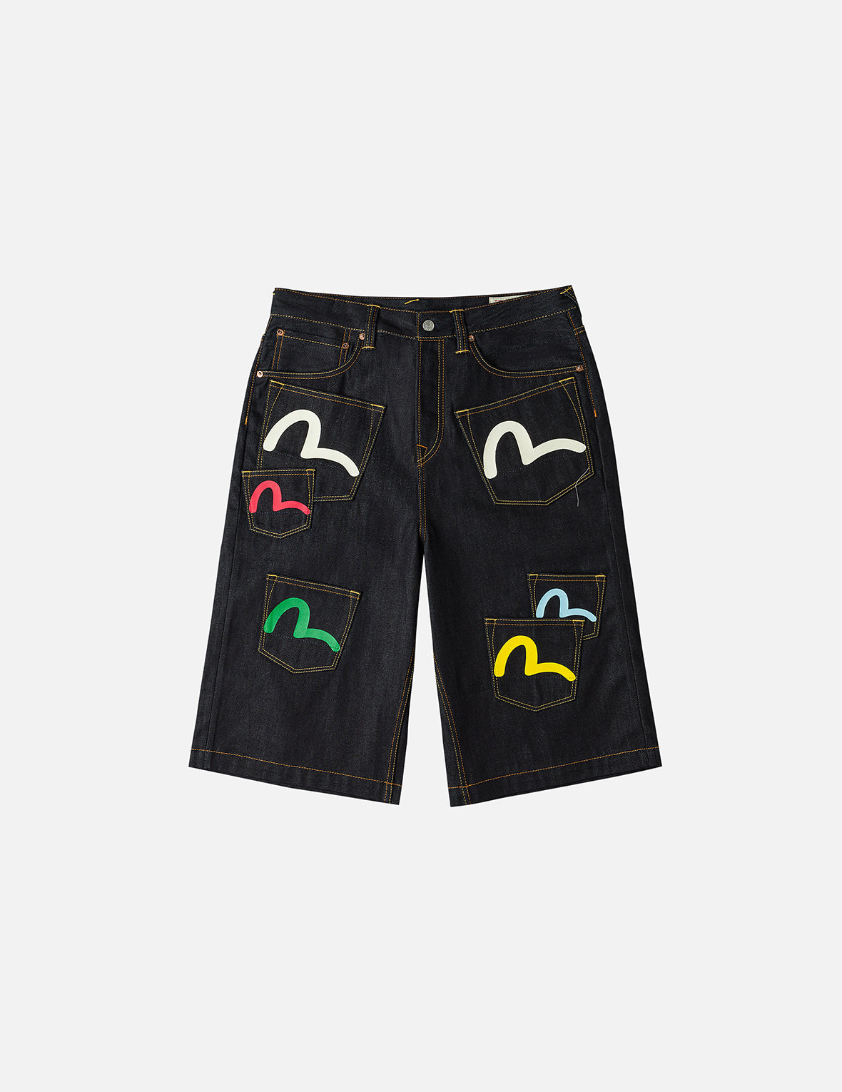 カモメプリントとマルチポケット ファッションフィット デニムショーツ