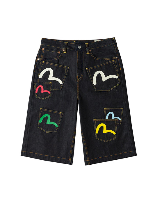 カモメプリントとマルチポケット ファッションフィット デニムショーツ