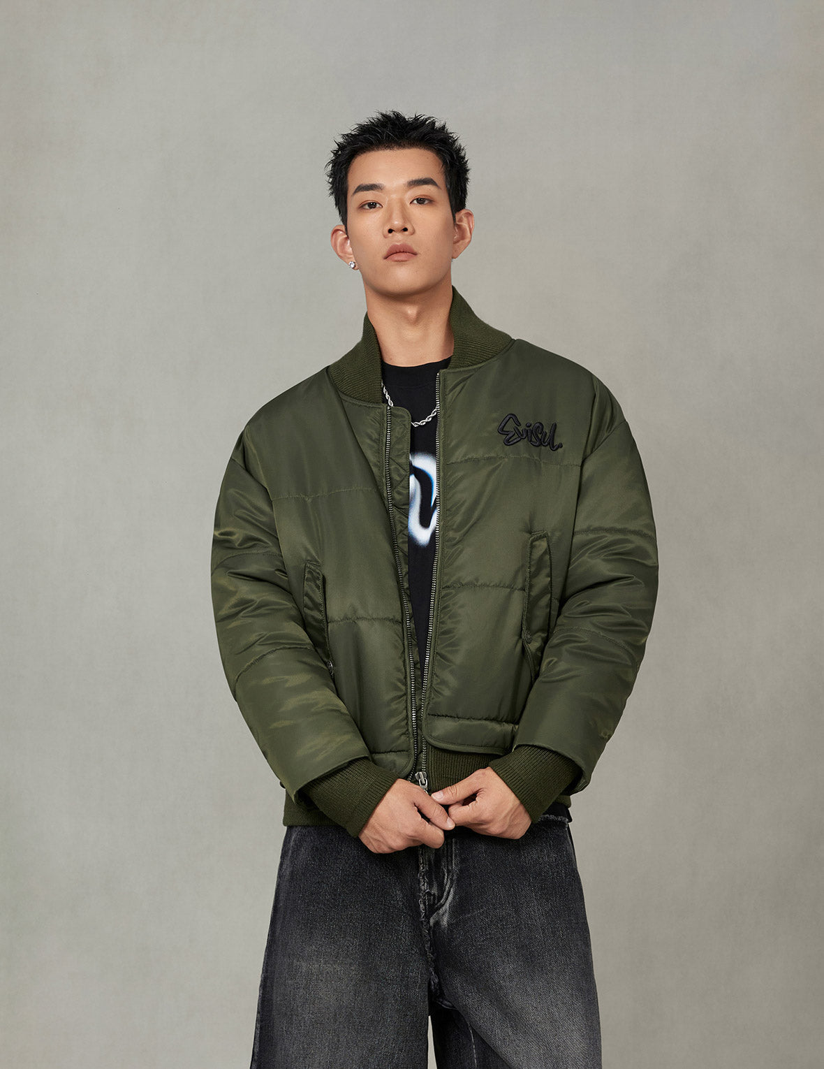 ロゴ刺繍 ファッションフィット ボンバージャケット