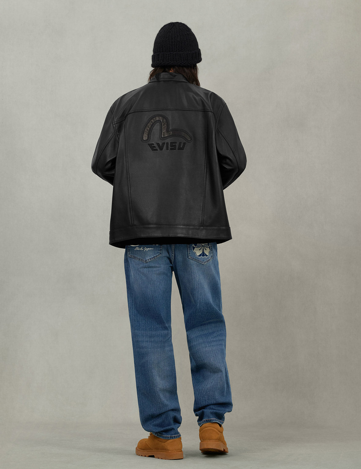 Logo and Seagull Embroidery Regular Fit Leather Jacket