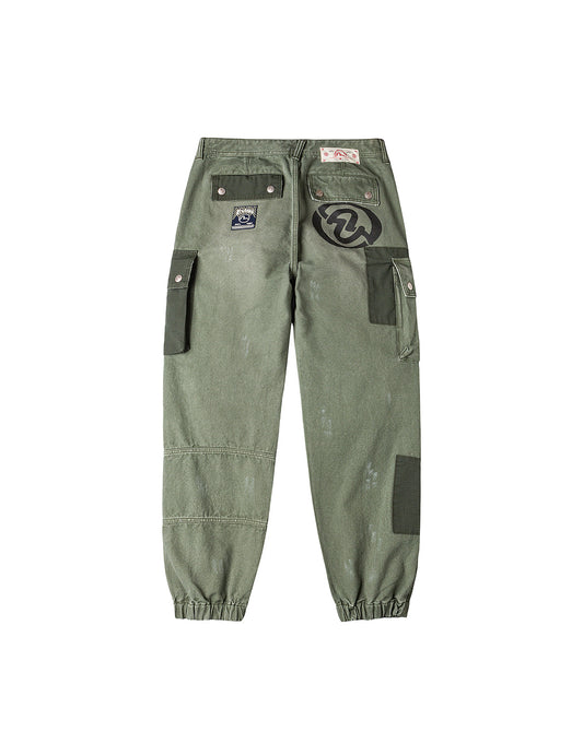 Dual Seagull Print Loose Fit Washed Woven Cargo Joggers