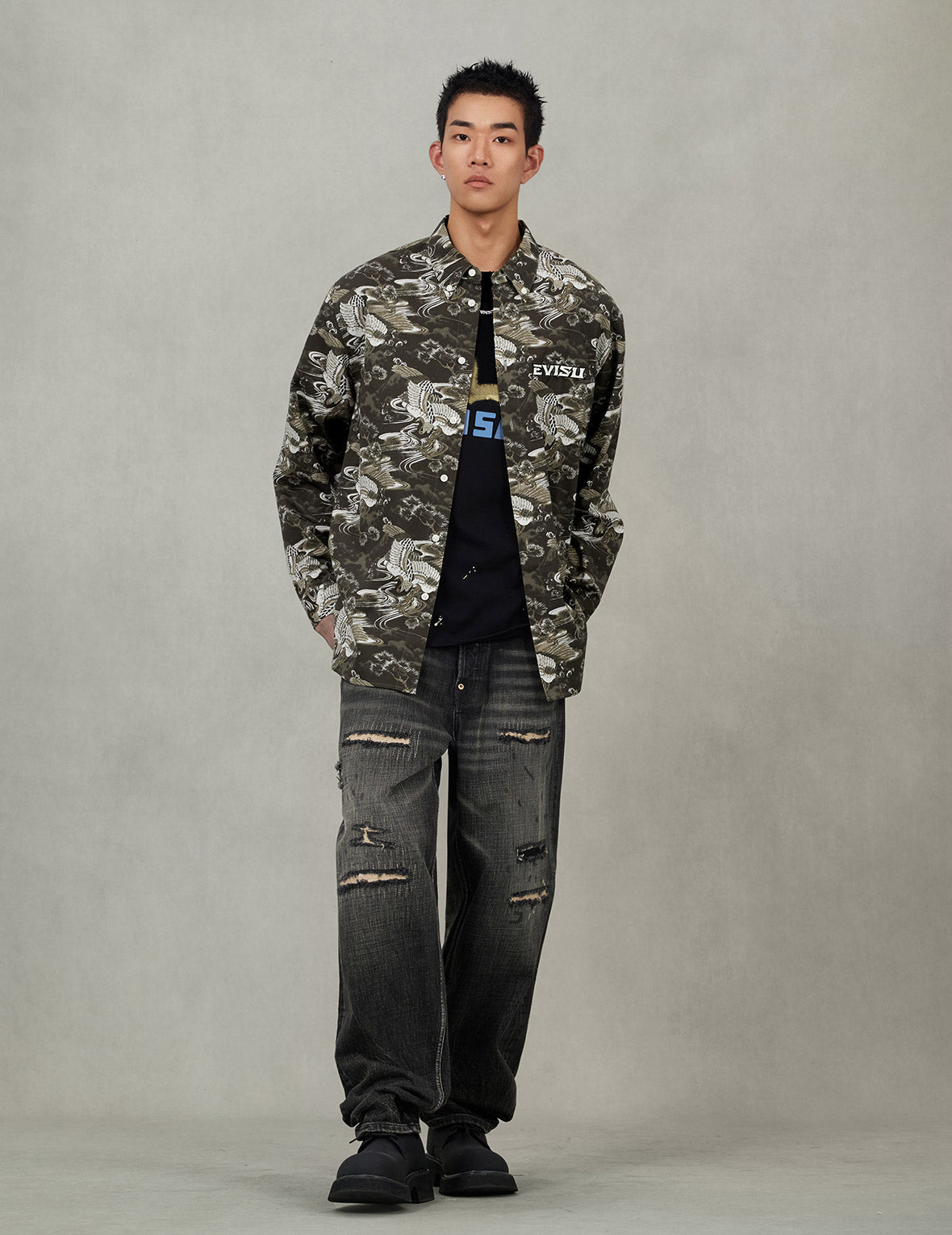 オールオーバー鶴プリント リラックスフィット シャツ – EVISU