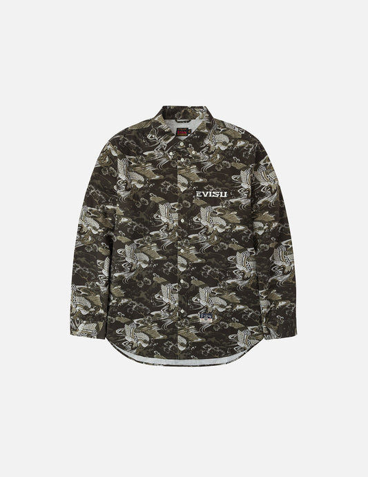 Allover Crane Print Relax Fit Shirt
