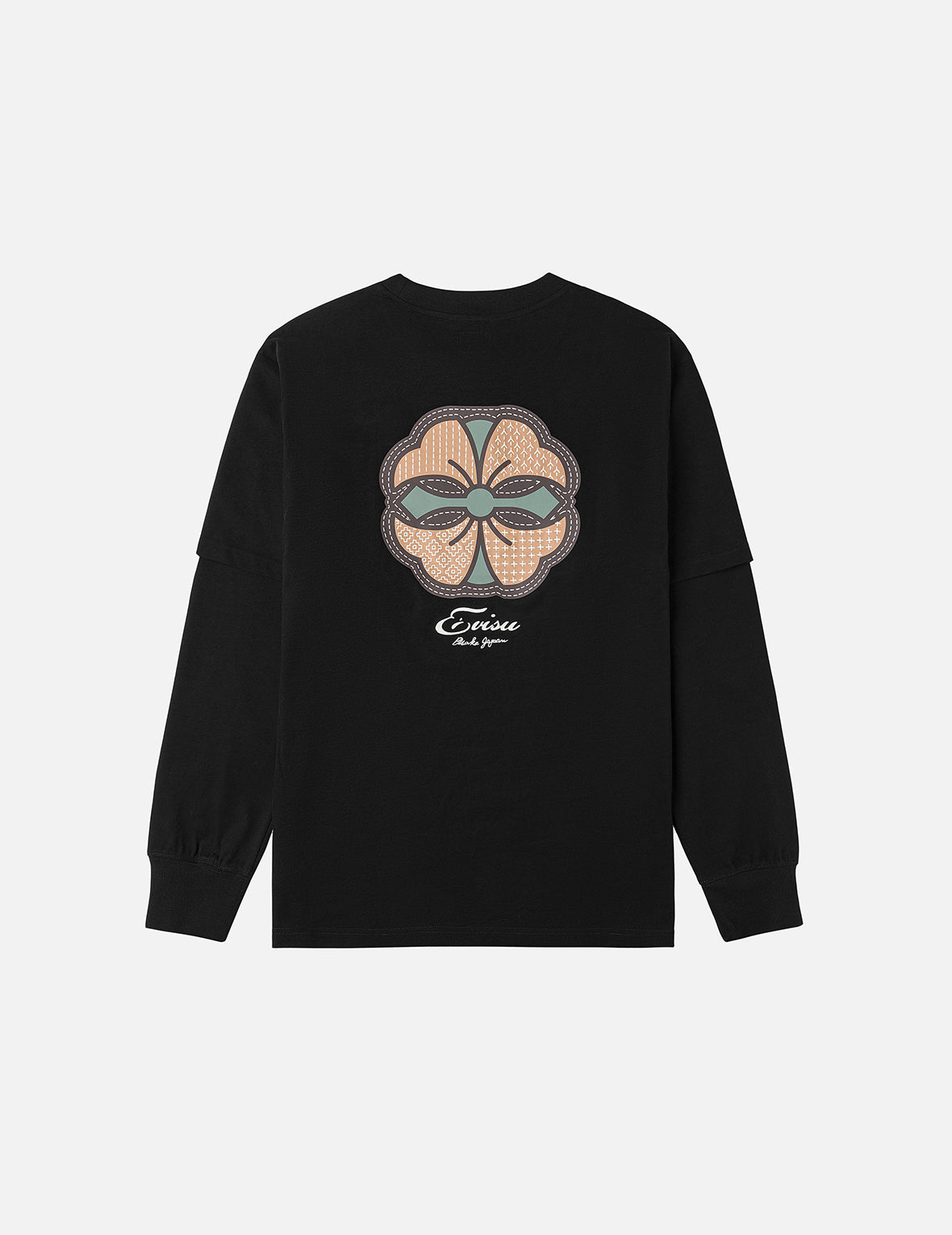 刺し子カモンプリント ファッションフィット2-in-1デザイン長袖Tシャツ