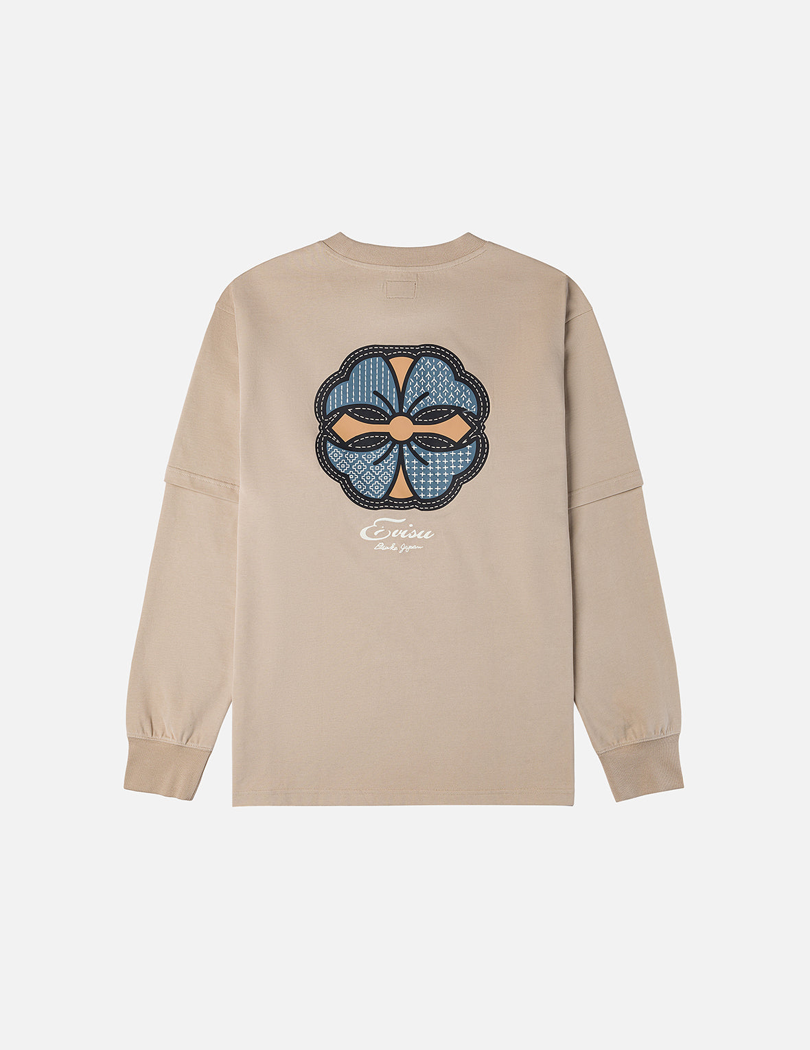 Sashiko-style Kamon Print Fashion Fit 2-in-1 Design Long-sleeve T-shirt
