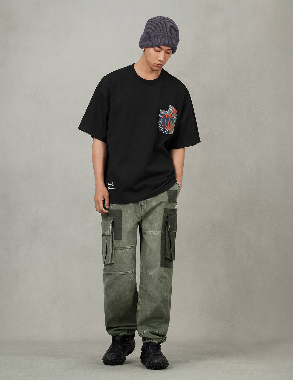 多ポケットカラーブロッキング刺子 ルーズフィット Tシャツ