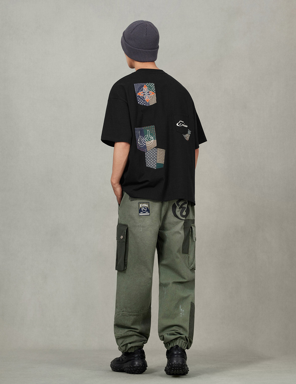 多ポケットカラーブロッキング刺子 ルーズフィット Tシャツ