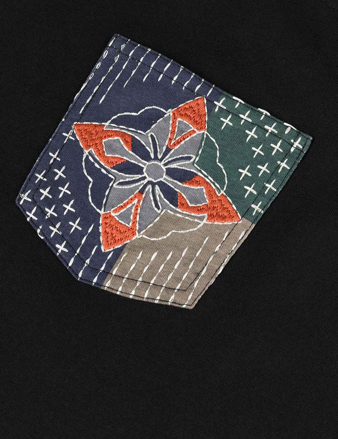 多ポケットカラーブロッキング刺子 ルーズフィット Tシャツ