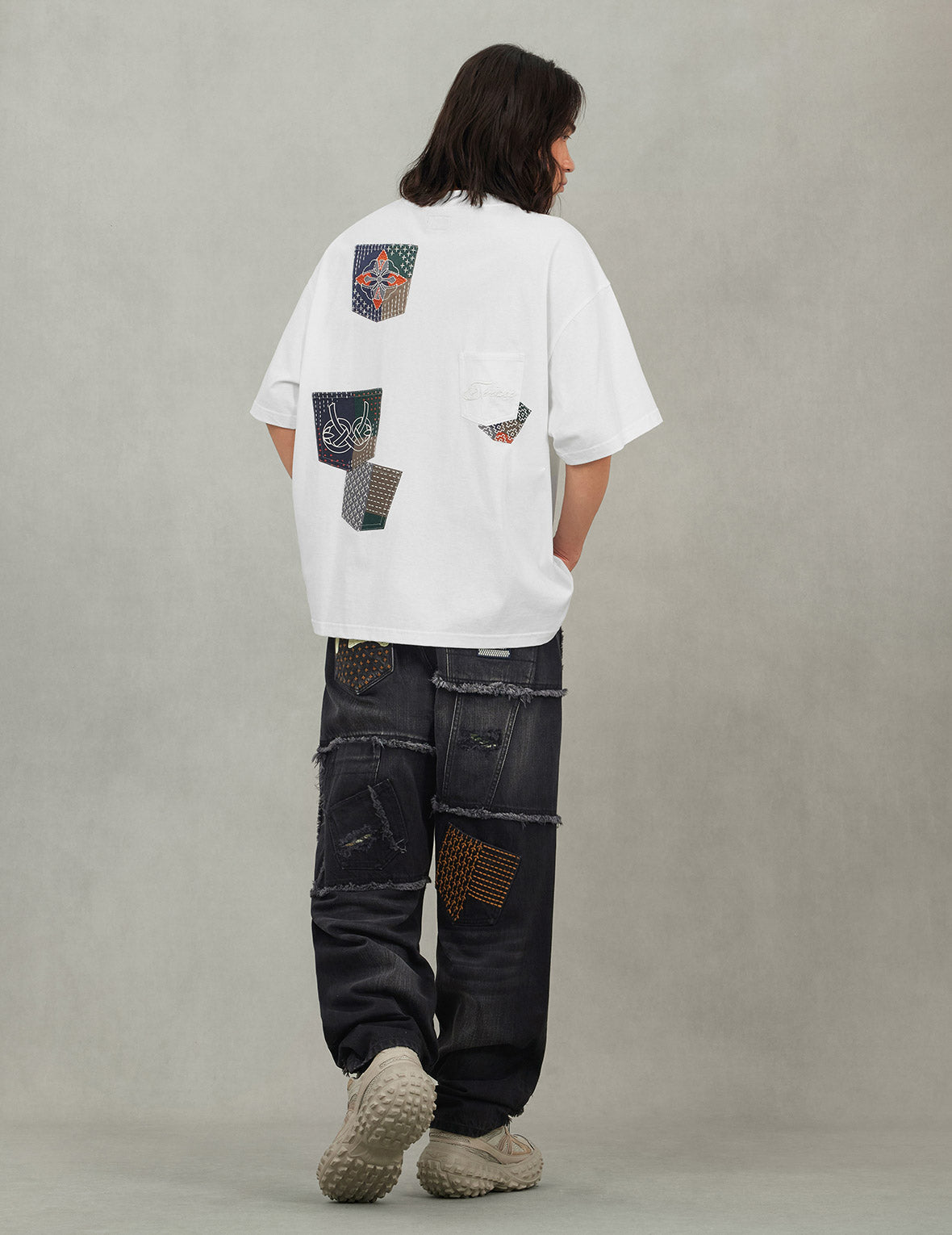 多ポケットカラーブロッキング刺子 ルーズフィット Tシャツ