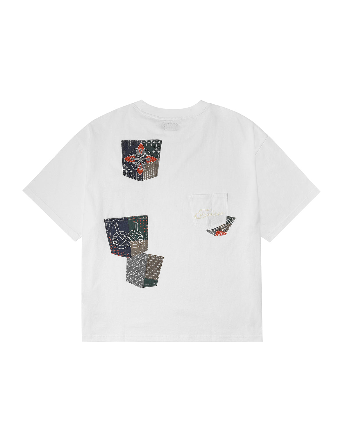 多ポケットカラーブロッキング刺子 ルーズフィット Tシャツ