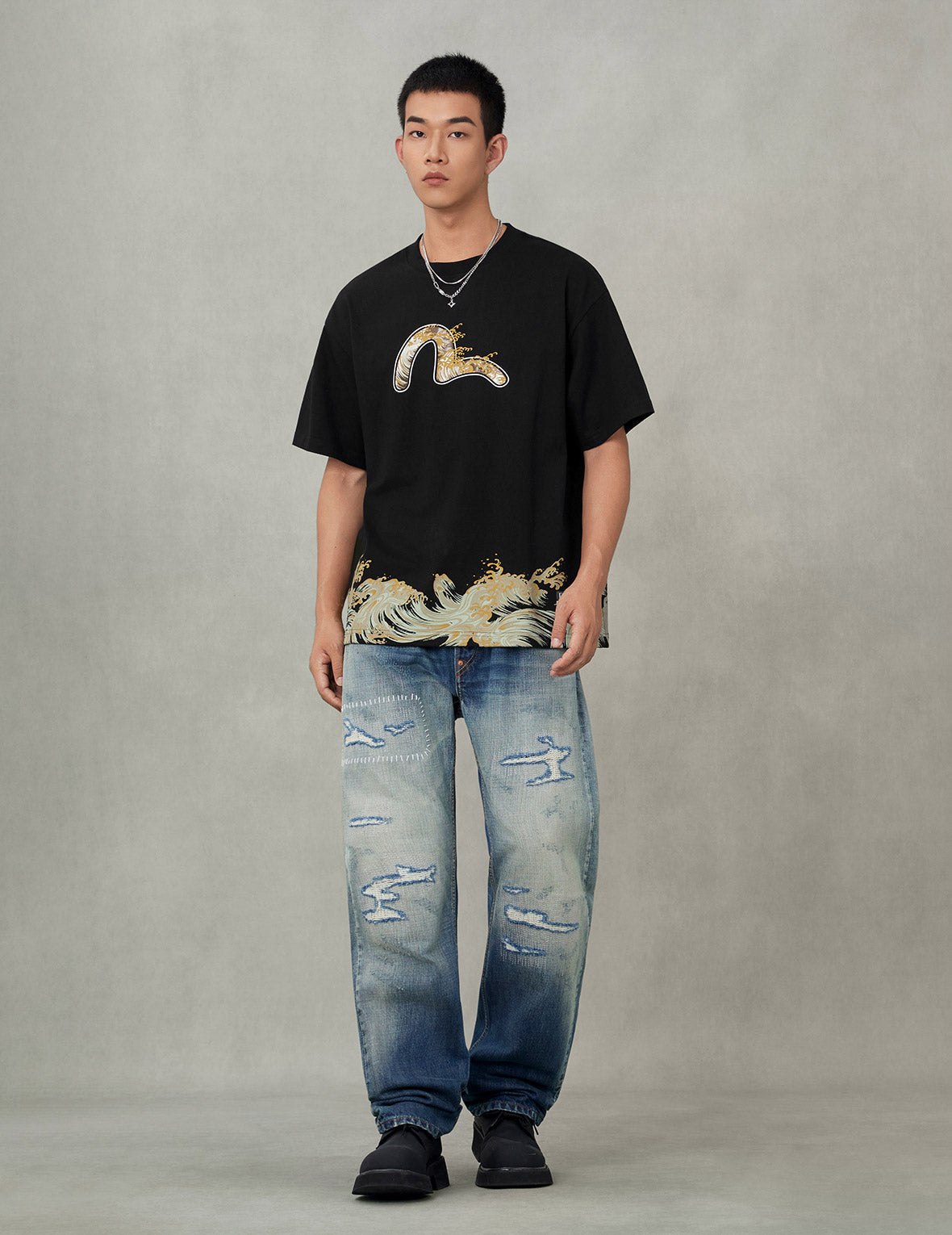 EVISU カモメ 紺タグ プリントtshirt カモメと波プリント リラックスフィット Tシャツ – EVISU