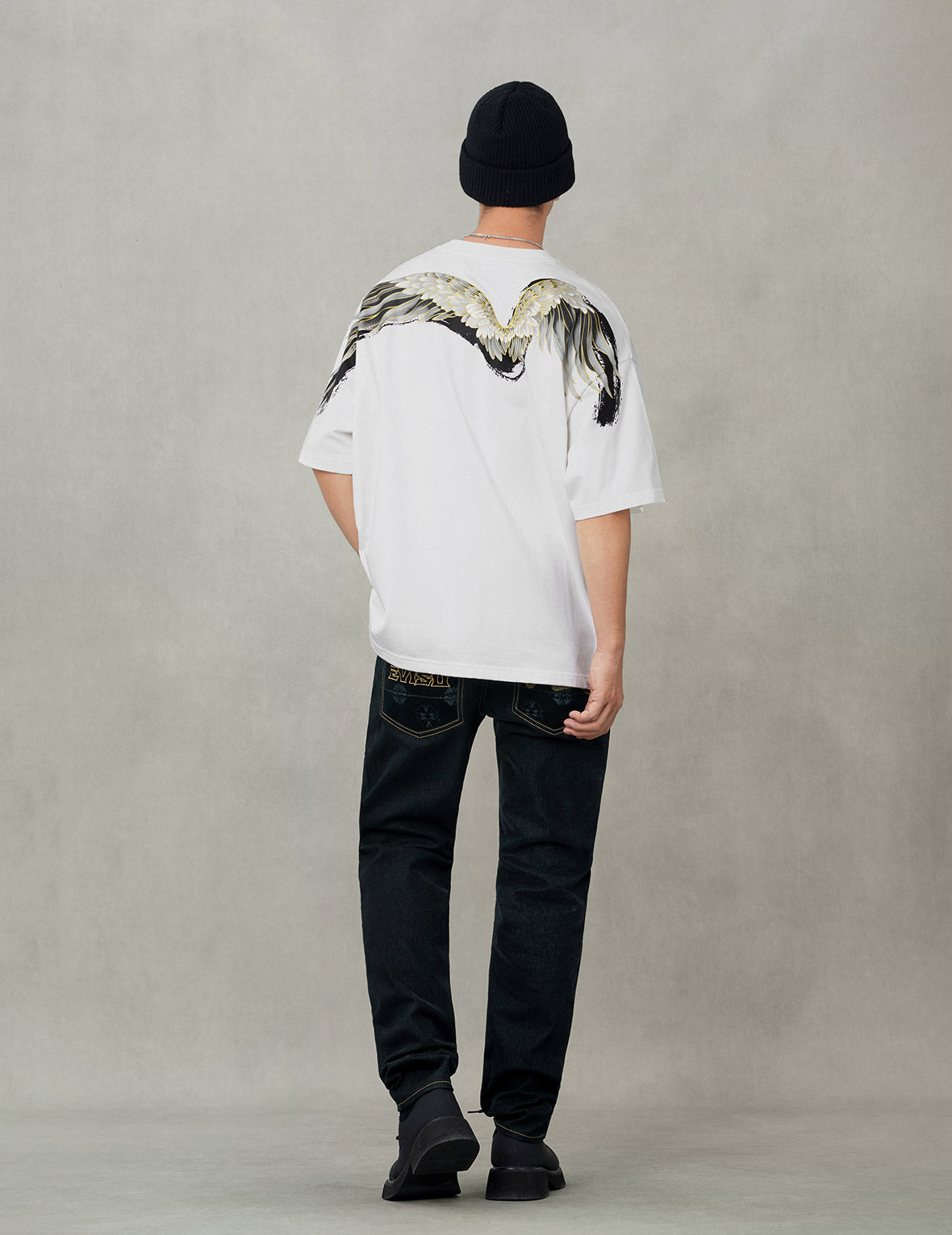 鶴の飛翔と大黒プリント ルーズフィット Tシャツ
