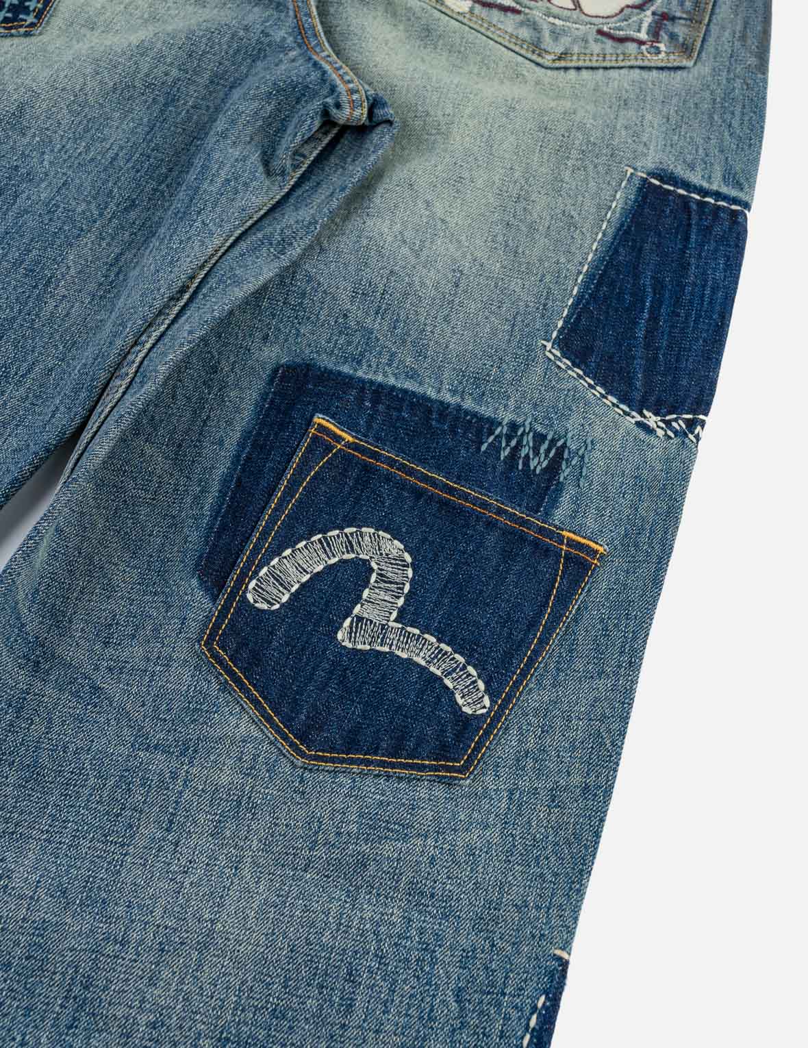 【未使用】EVISU カモメ&家紋シルバー刺繍 31インチ ボロマルチポケット カモメ＆家紋刺繍ジーンズ #2030 – EVISU