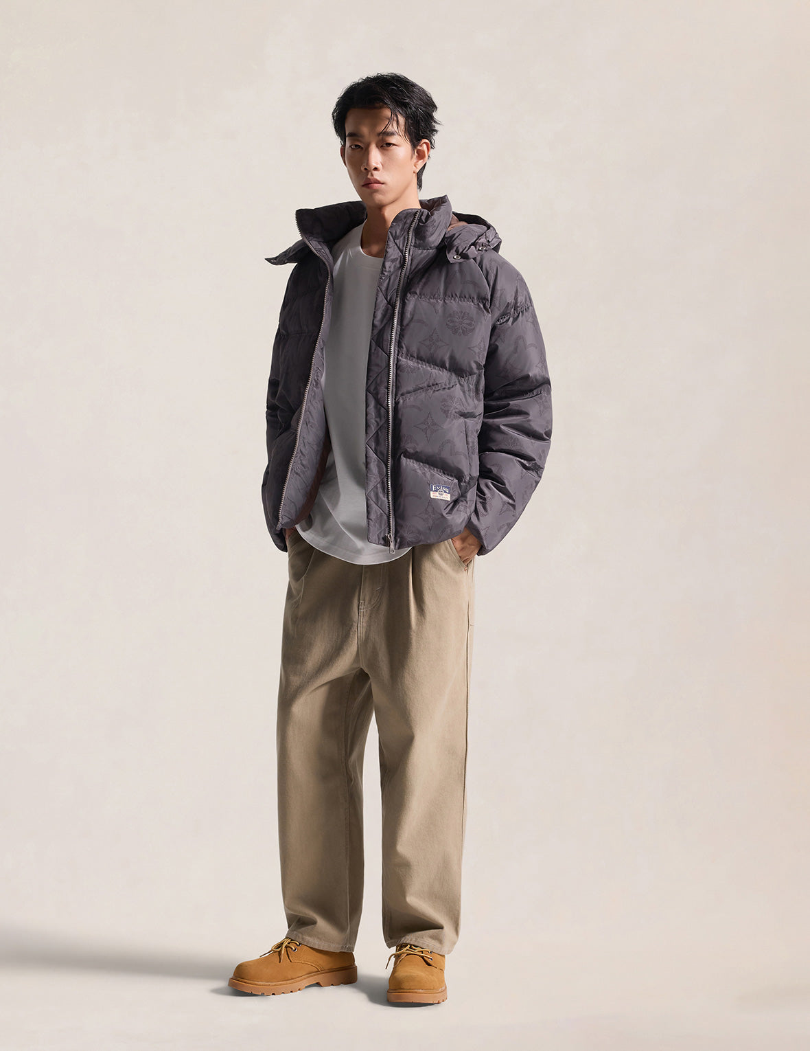 Two-Tone Monogram Hooded Down Jacket