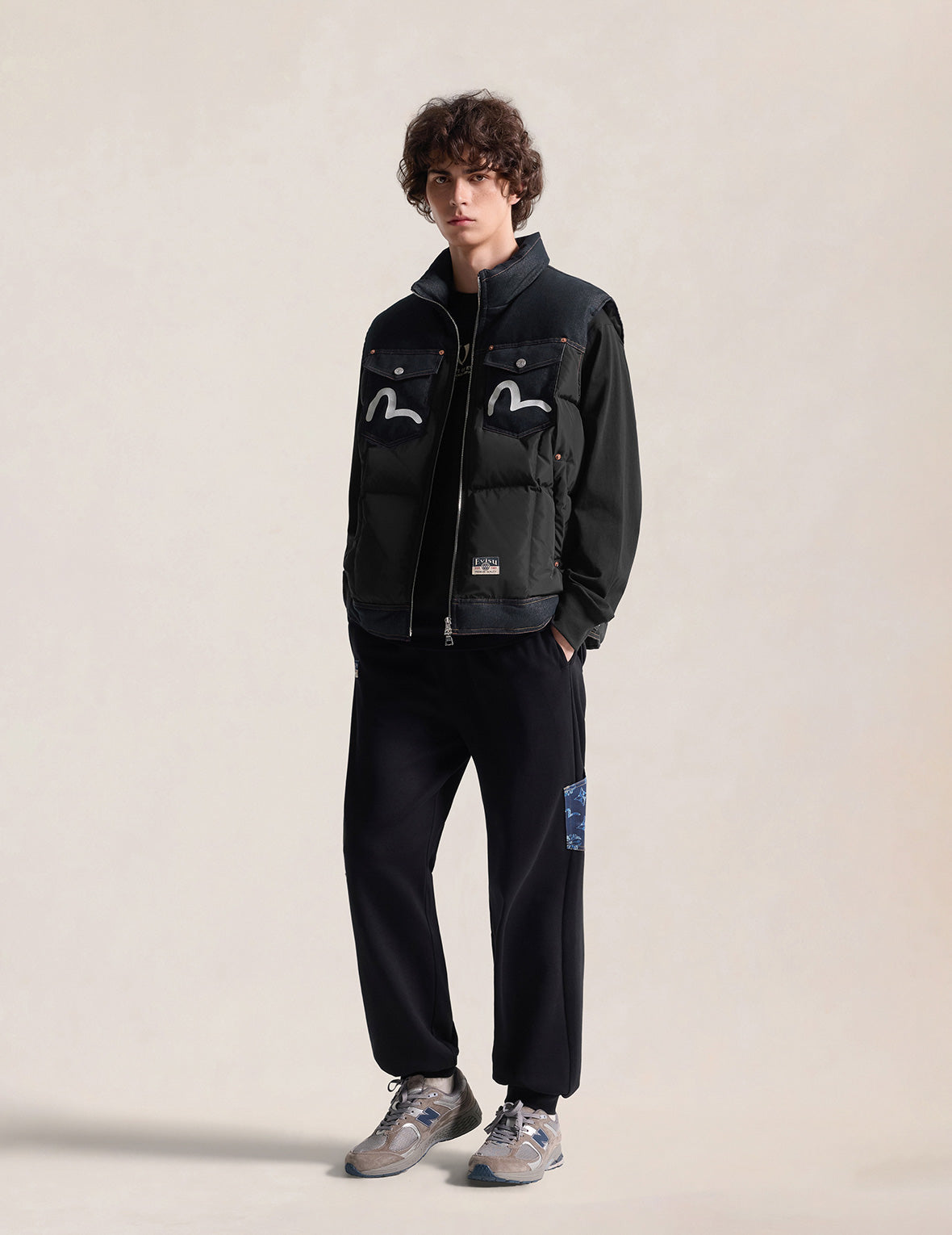 Denim Pocket Seagull Printed Down Vest
