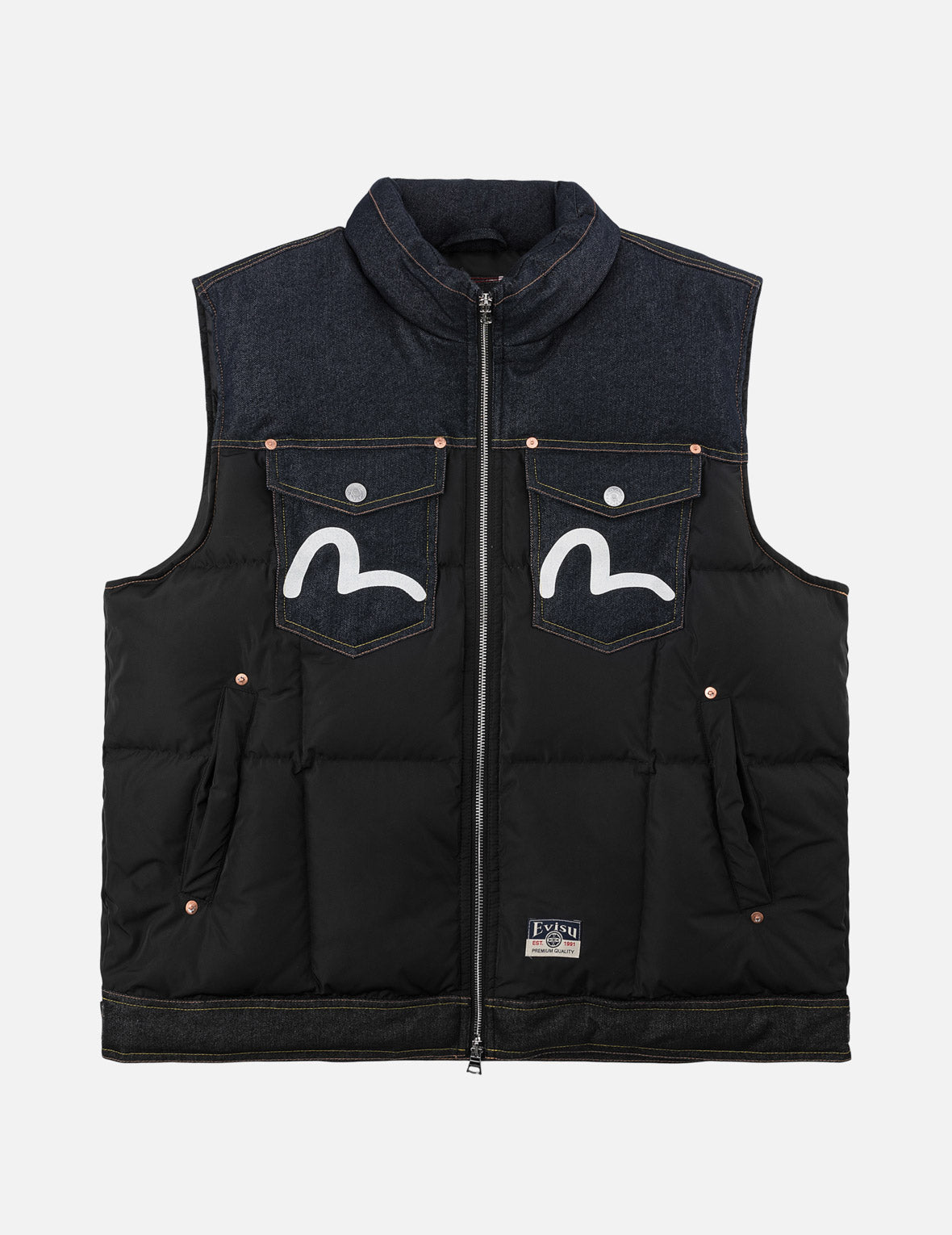 Denim Pocket Seagull Printed Down Vest