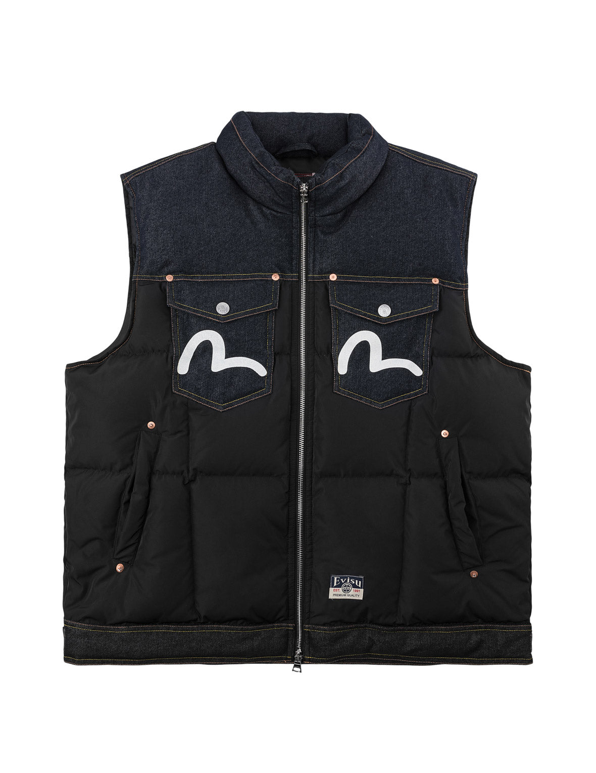 Denim Pocket Seagull Printed Down Vest