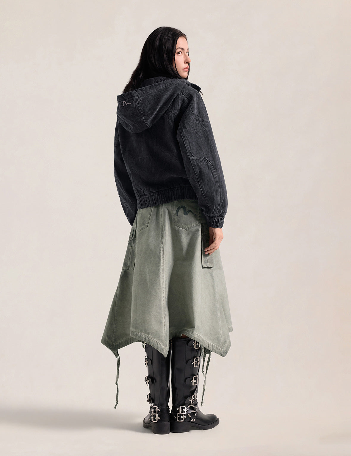 ダメージ加工 チェックパッチ フーデッド中綿デニムジャケット