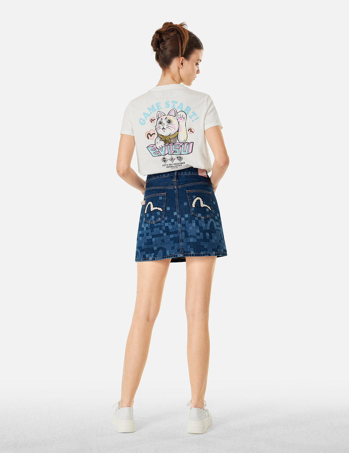 Pixel Seagull Embroidery and Print Regular Fit Denim Skirt