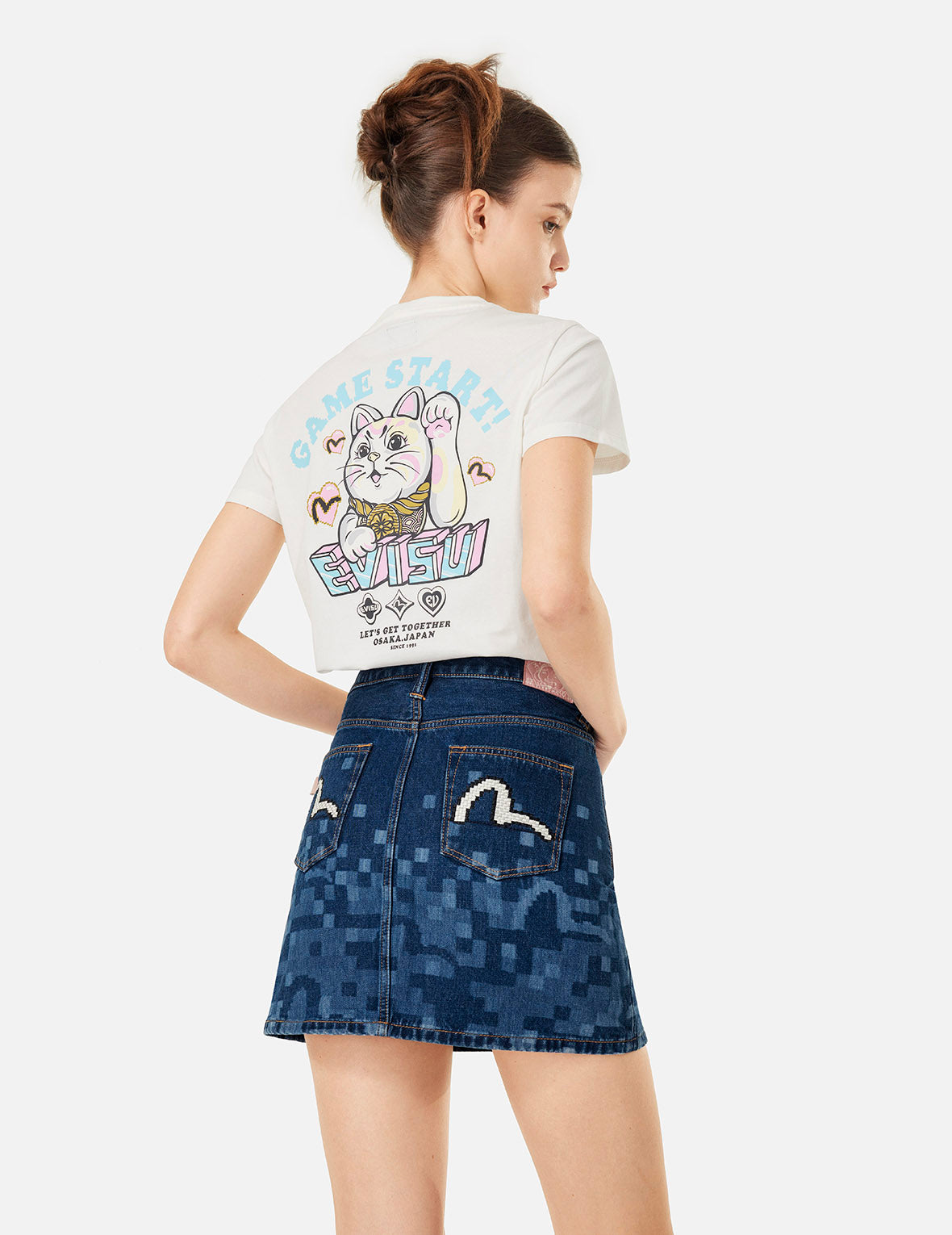 Pixel Seagull Embroidery and Print Regular Fit Denim Skirt