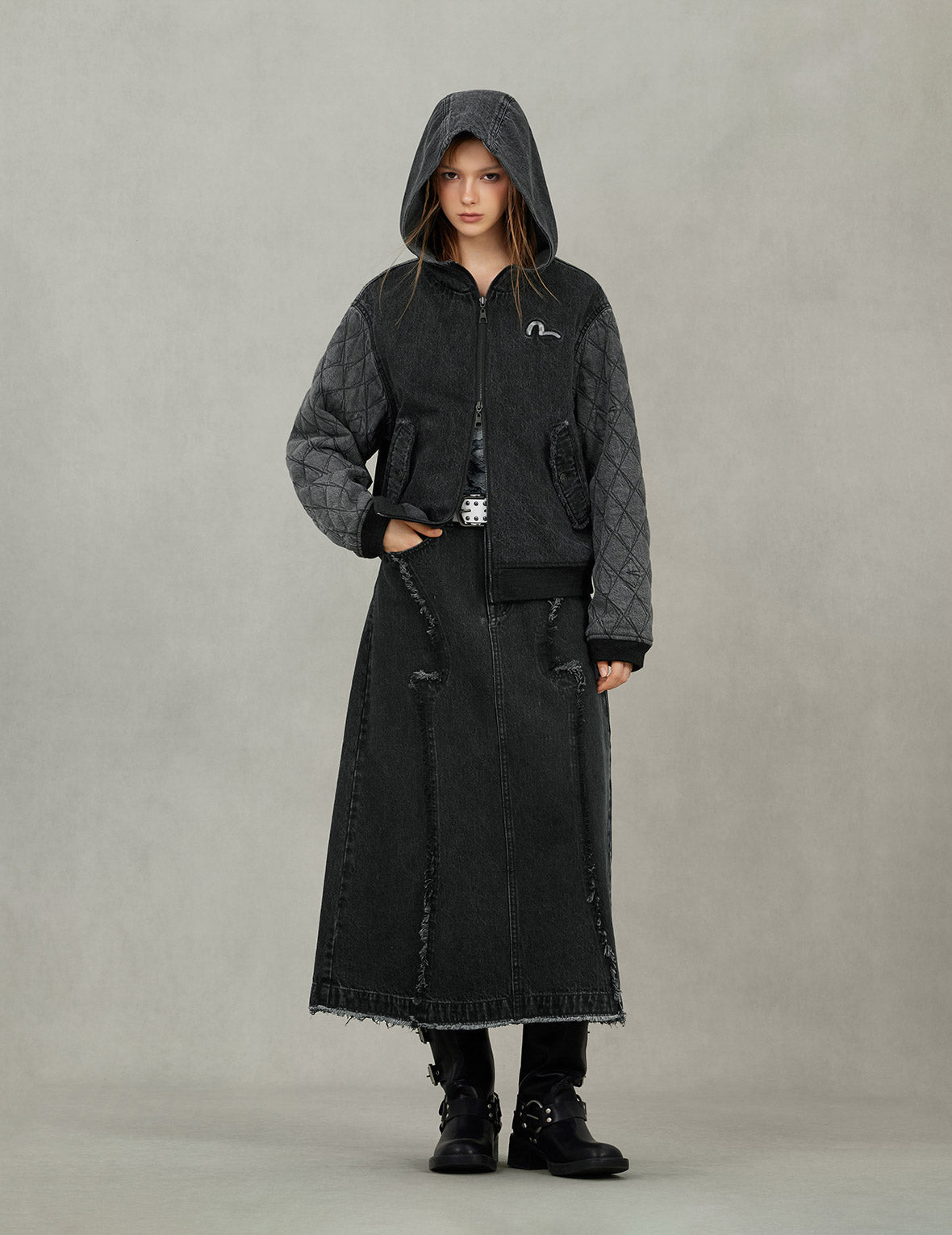 カモメ刺繍 ファッションフィット フード付きパッド入りデニムジャケット