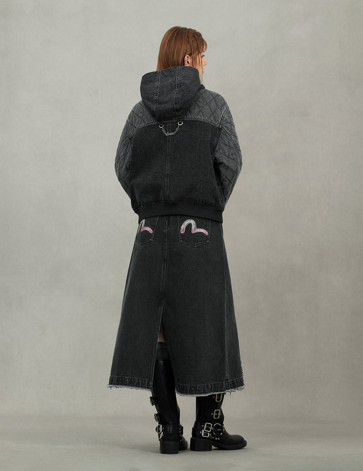 カモメ刺繍 ファッションフィット フード付きパッド入りデニムジャケット