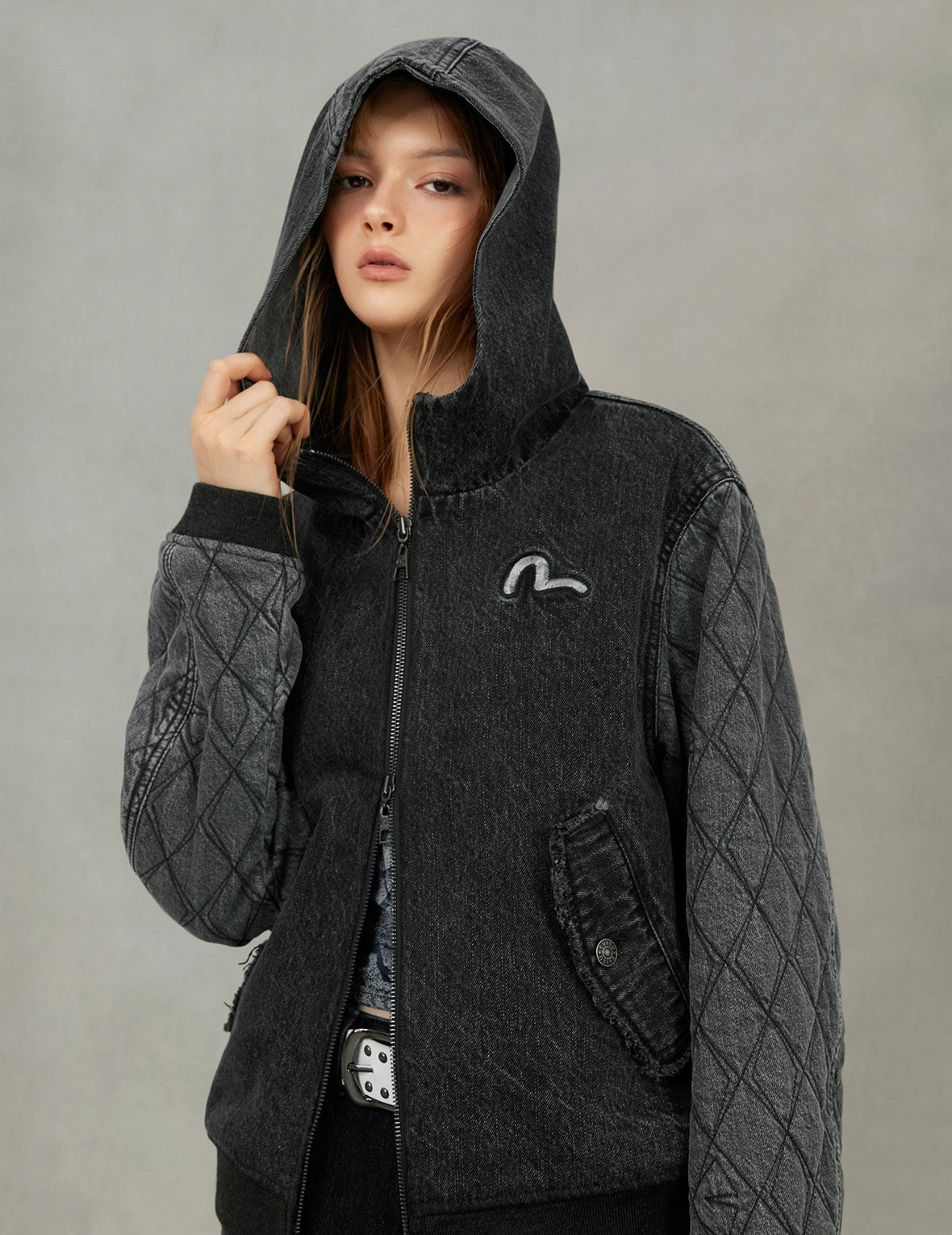 カモメ刺繍 ファッションフィット フード付きパッド入りデニムジャケット