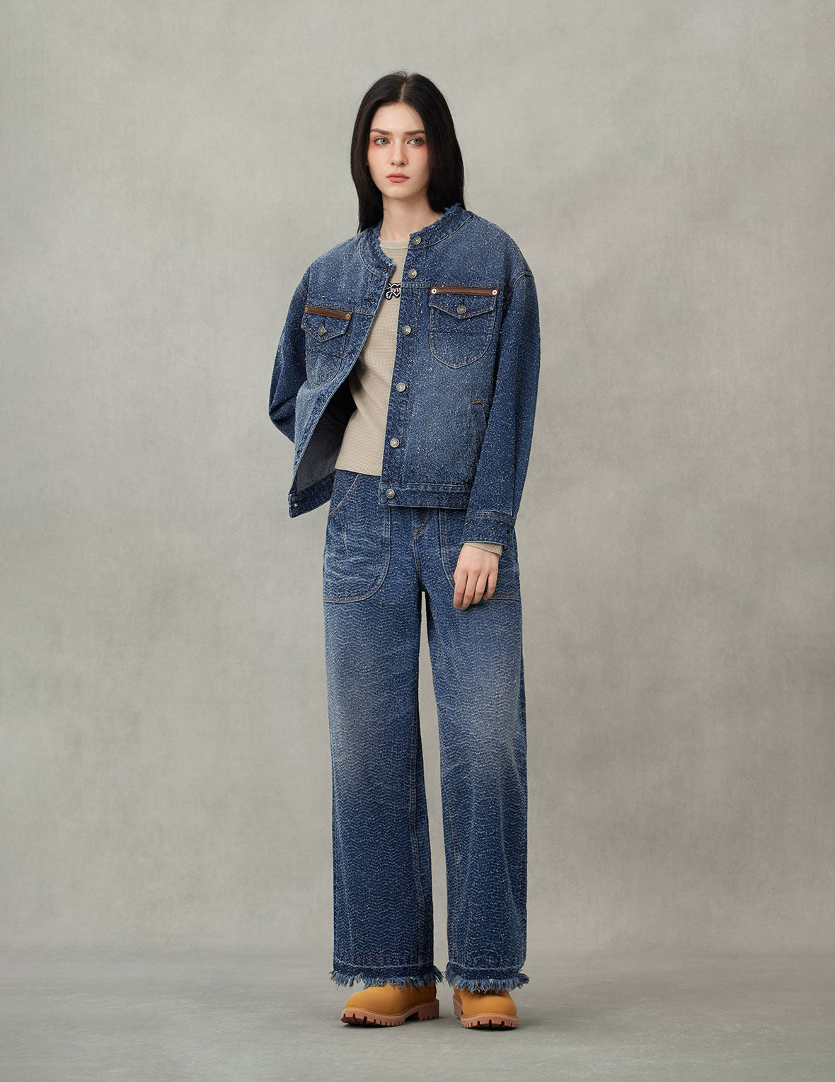 レザートリム ファッションフィット ノーカラーデニムジャケット