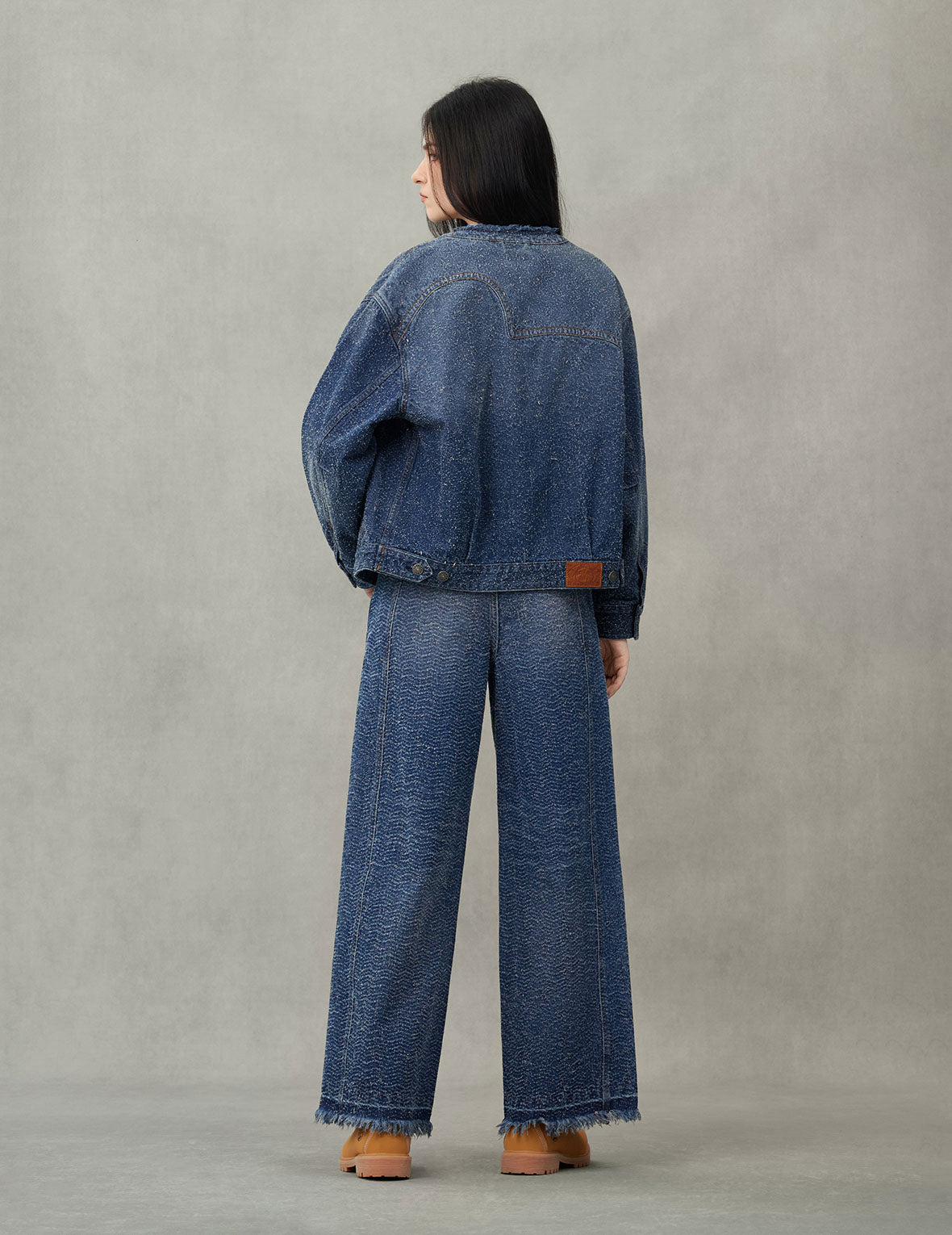 レザートリム ファッションフィット ノーカラーデニムジャケット