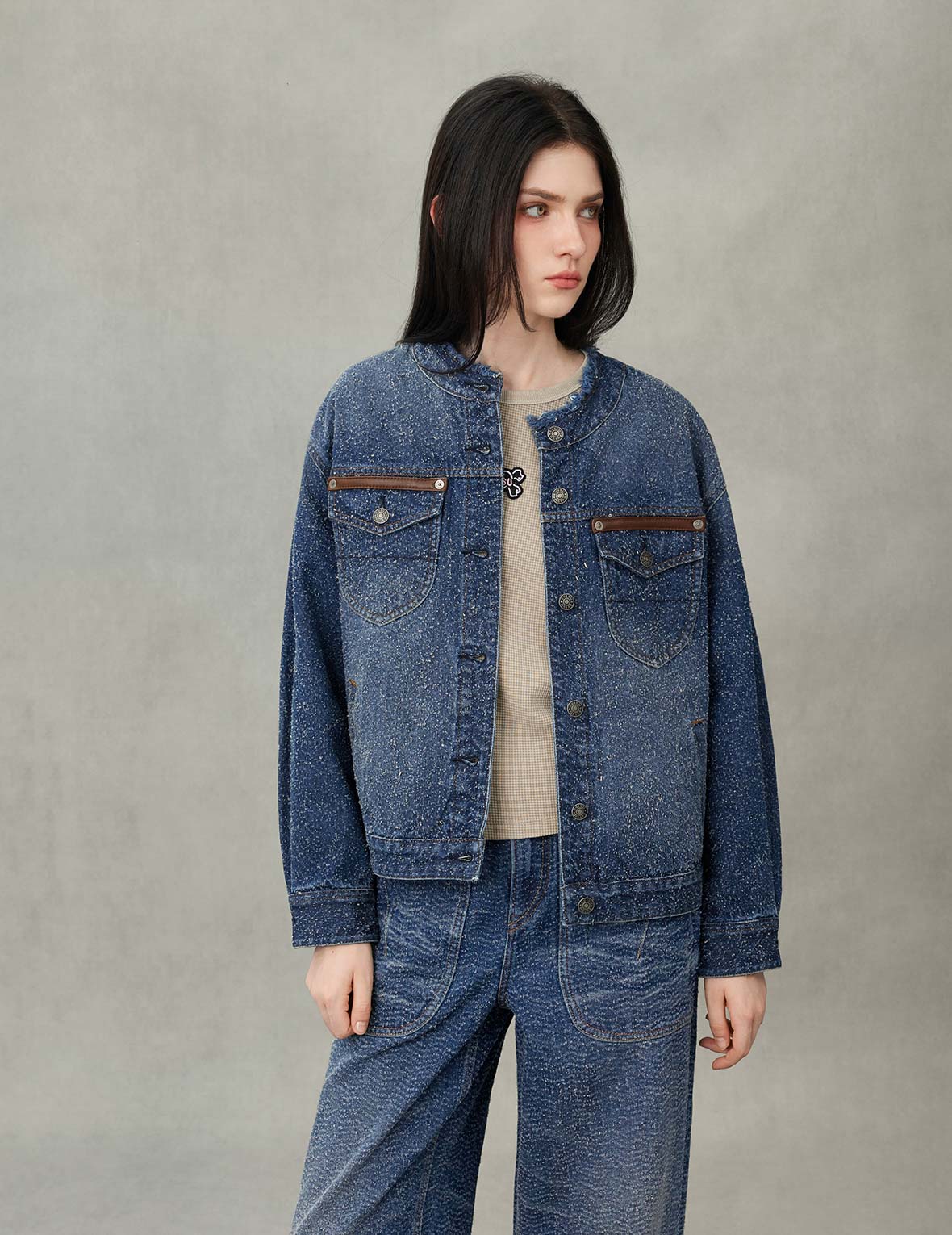 レザートリム ファッションフィット ノーカラーデニムジャケット