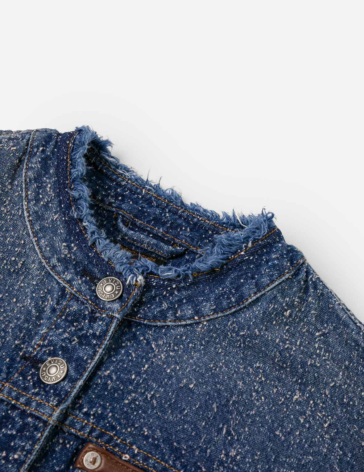 レザートリム ファッションフィット ノーカラーデニムジャケット