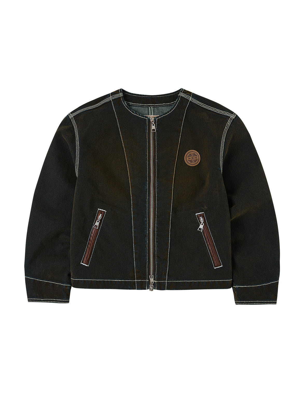 Contrast Stitch Design and Kamon Leather Label Regular Fit Denim Jacket