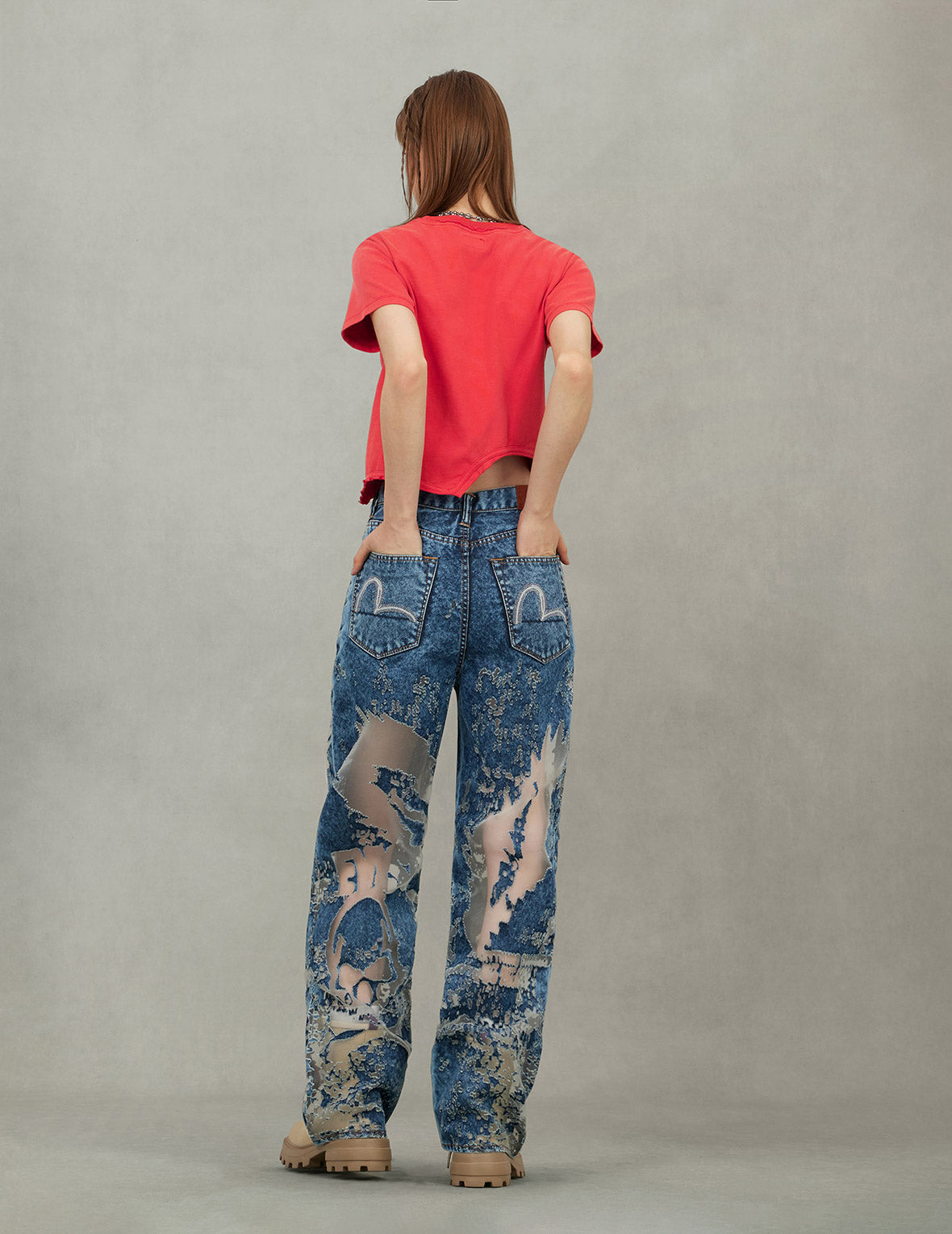 カモメ刺繍 ファッションフィット バーンアウト ジーンズ – EVISU