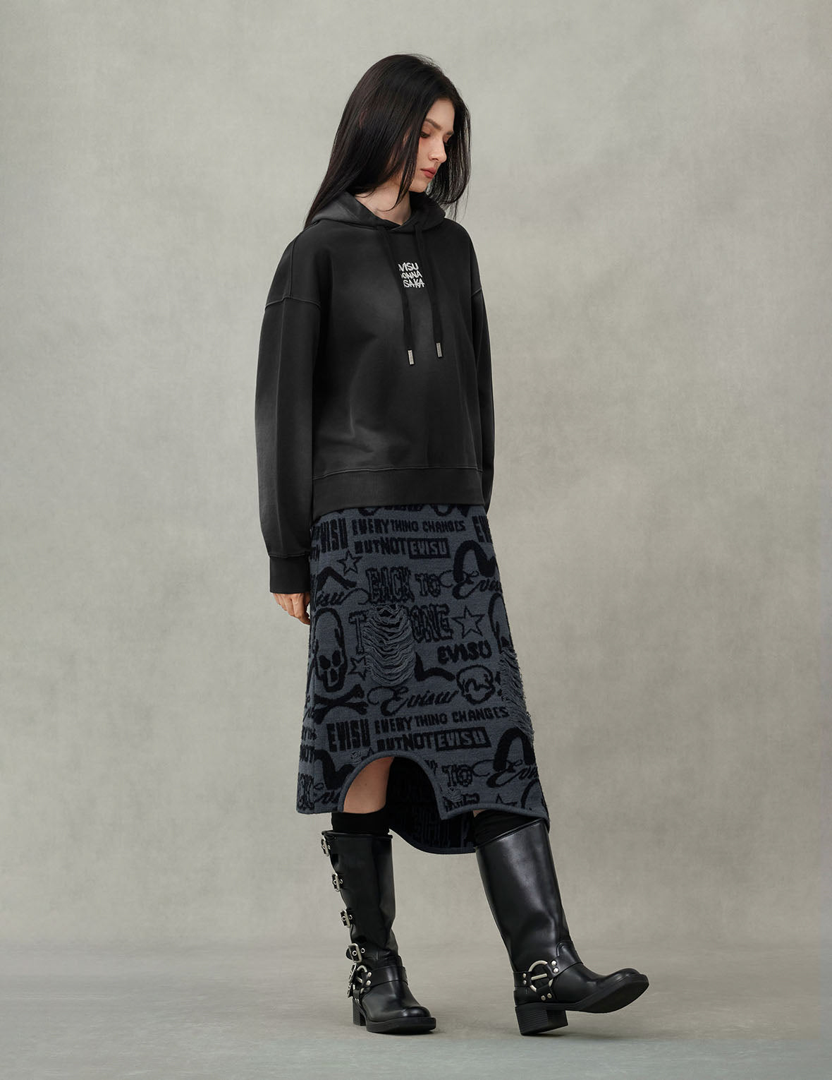 Allover EVISU Jacquard Fashion Fit Distressed Knitted Skirt
