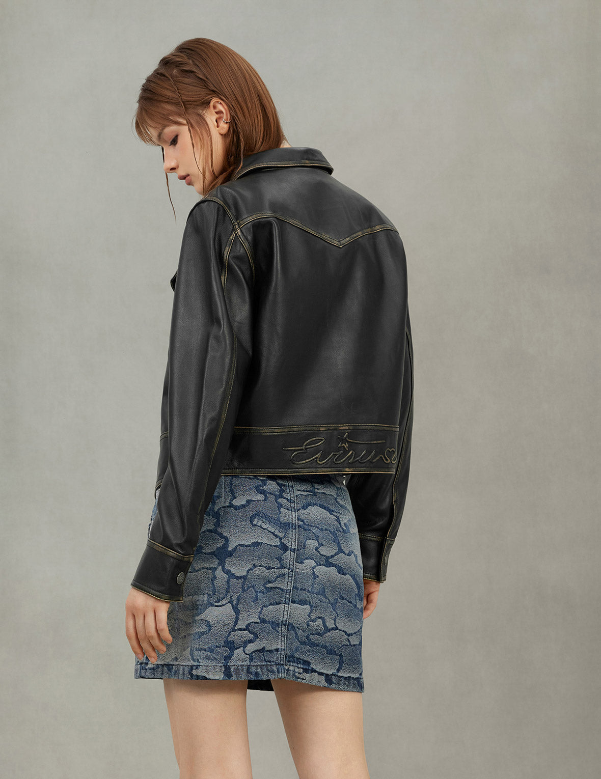 Logo Embossed Cropped Leather Jacket