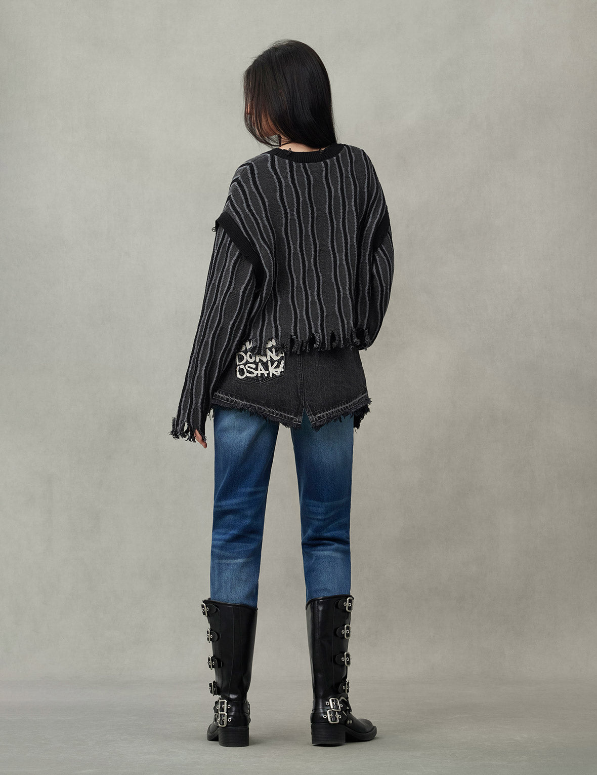 スカルハートアップリケ刺繍 ファッションフィット ニットスウェットシャツ