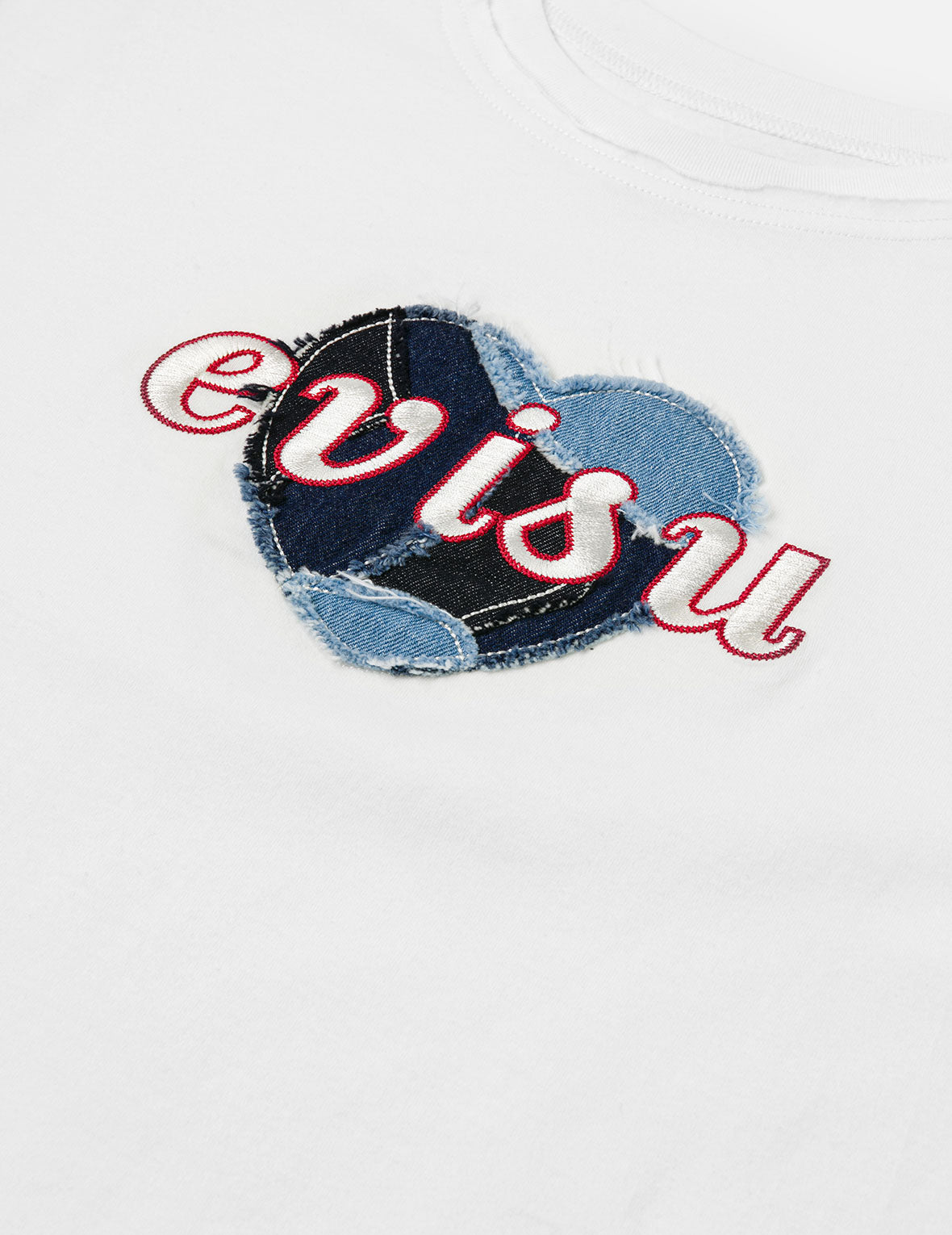 デニムパッチワークハートとロゴ刺繍 ドロップショルダー Tシャツ – EVISU