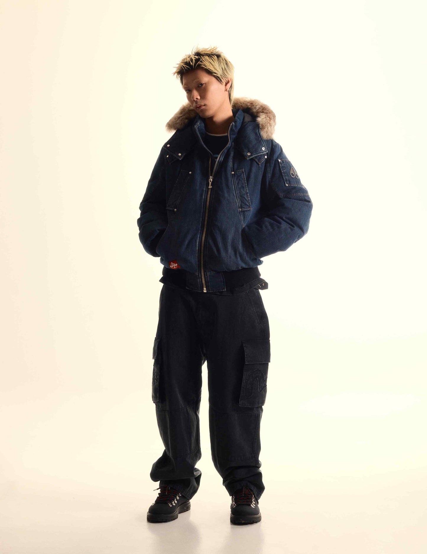 EVISU X MOOSE KNUCKLES Ukiyo-e Denim Bomber Down