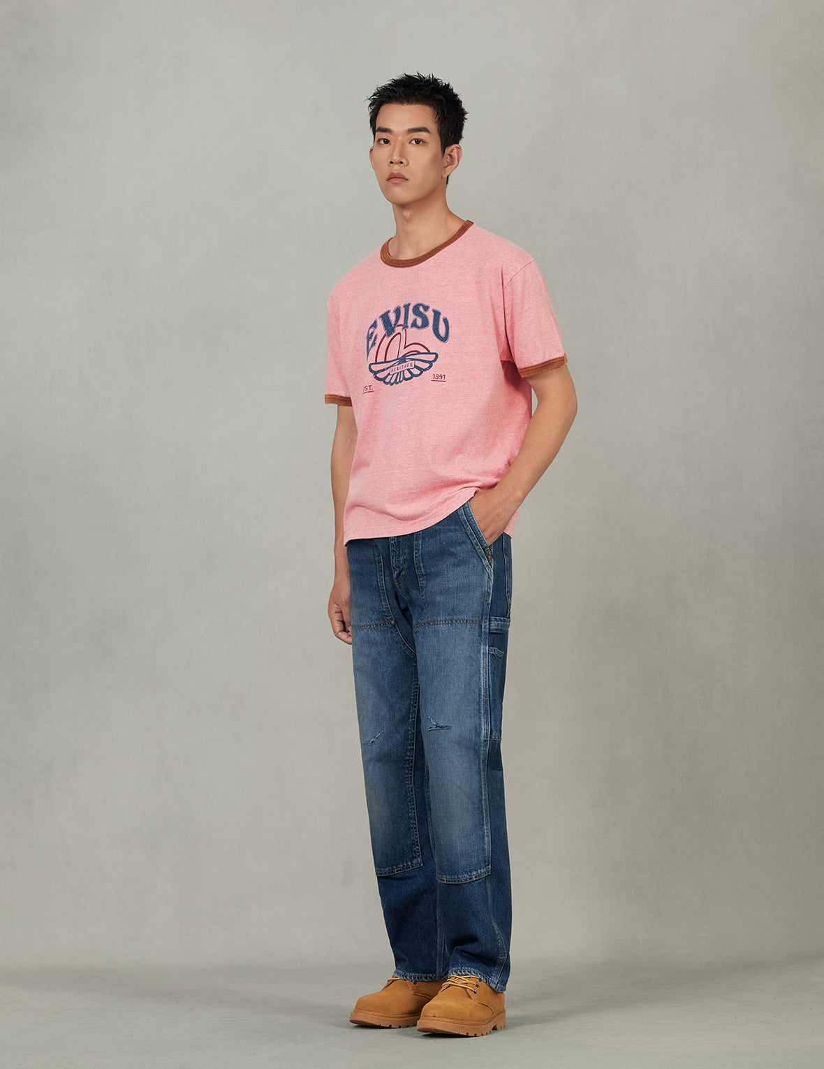 ウォッシュドカモメとロゴプリント レギュラーフィット リンガーTシャツ