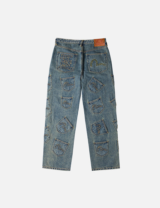 EVISU X F-LAGSTUF-F Dirty Washed and Embroideried Multi-Pocket Relax Fit Denim Jeans