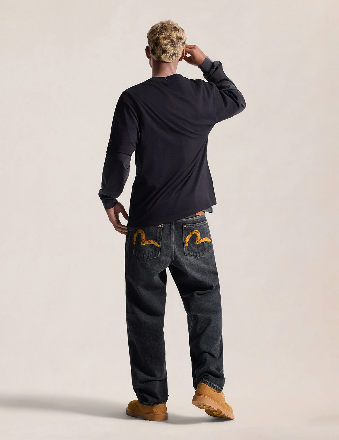 Black Washed Seagull Print Relax Fit Jeans #2030