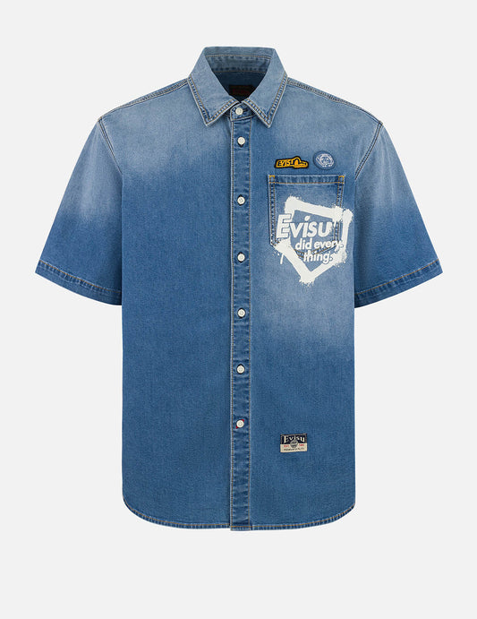 Graffiti Daicock Print Relax Fit Denim Short-Sleeves Shirt