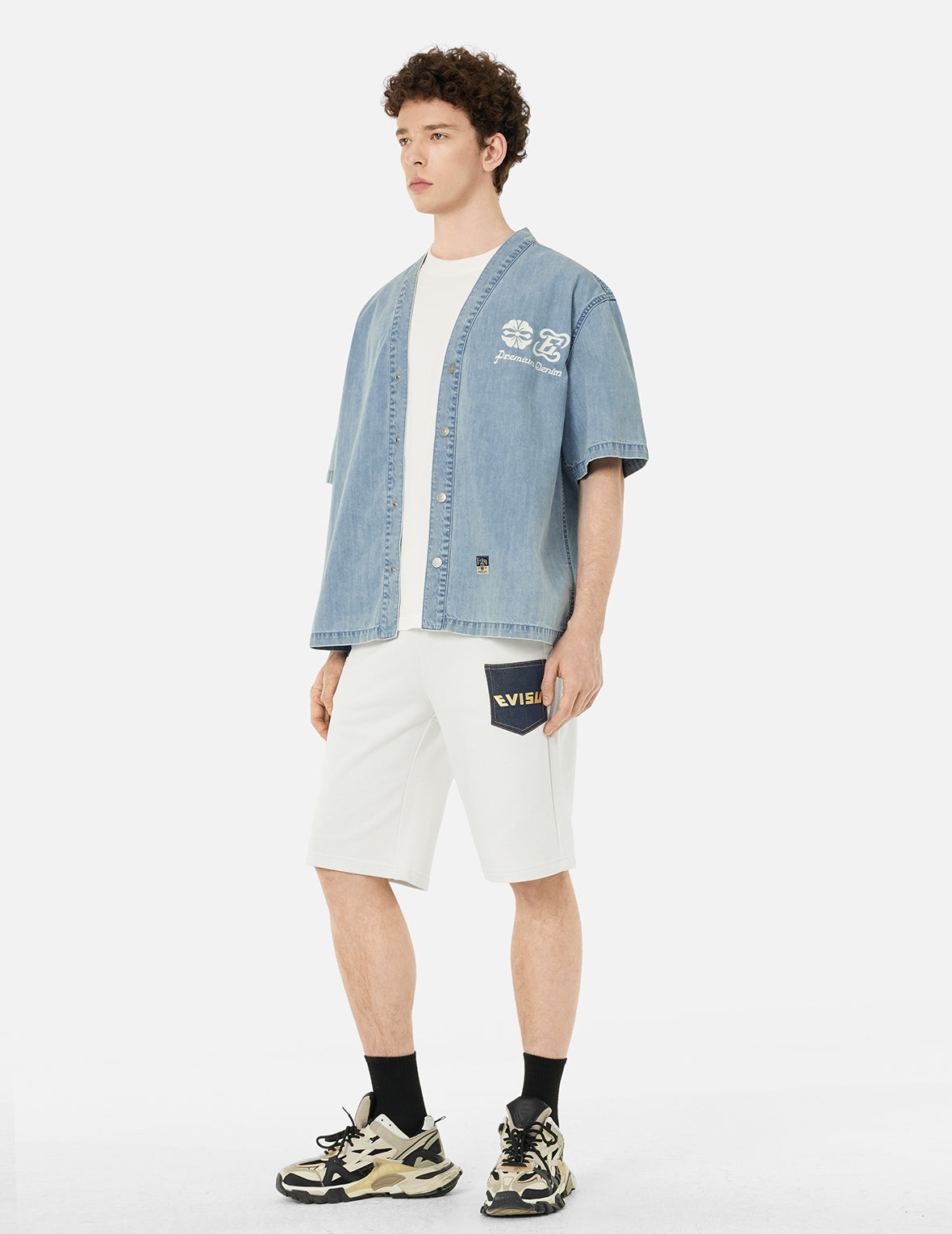 白沢とロゴプリント ファッションフィット デニムベースボールシャツ