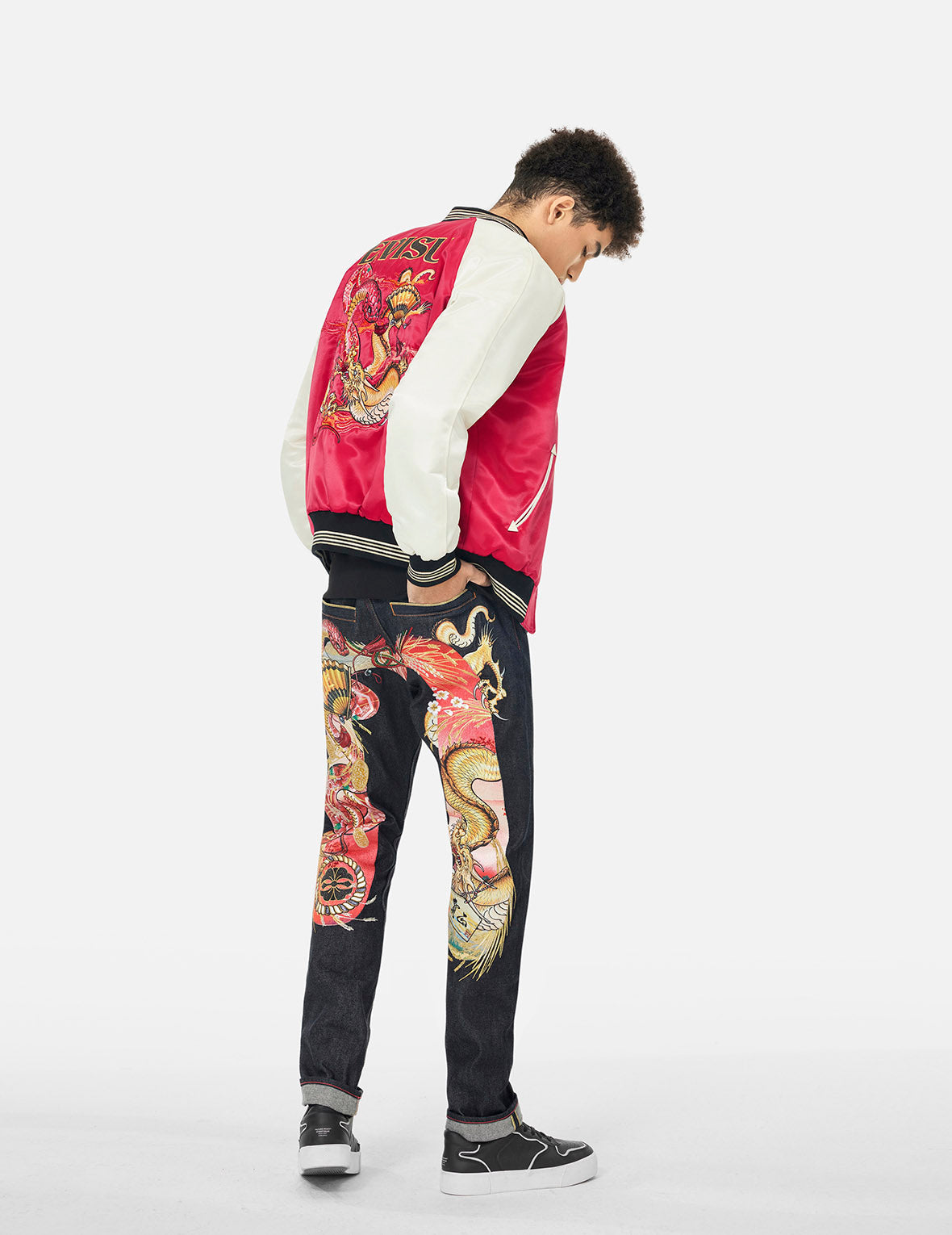 Soaring Snake Embroidery and Traditional Japanese Totem Prints Reversible Relax Fit Souvenir Jacket - Red